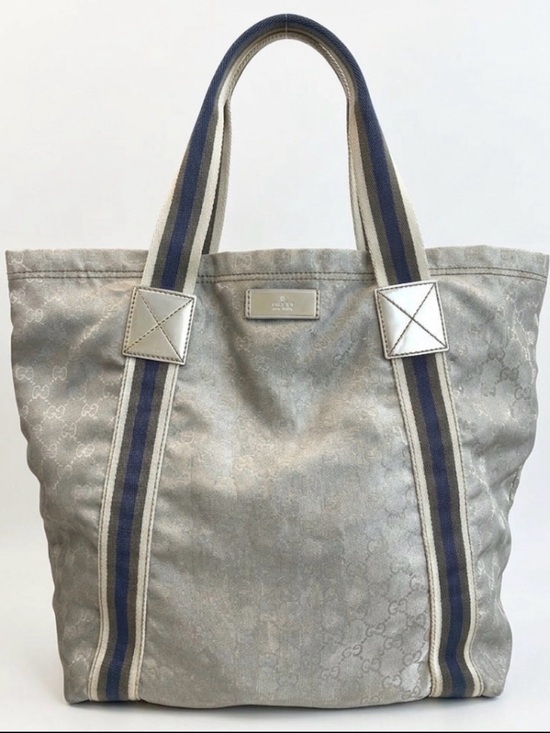 Gucci Handbags - GG Monogram Web Stripe Metallic Silver GG Jacquard Canvas Tote Bag GUC